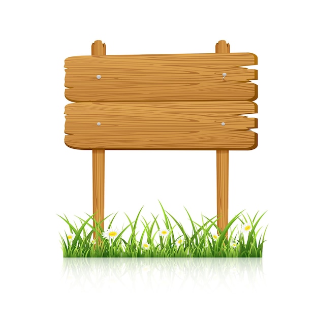 Vector wooden banner in grass with flower