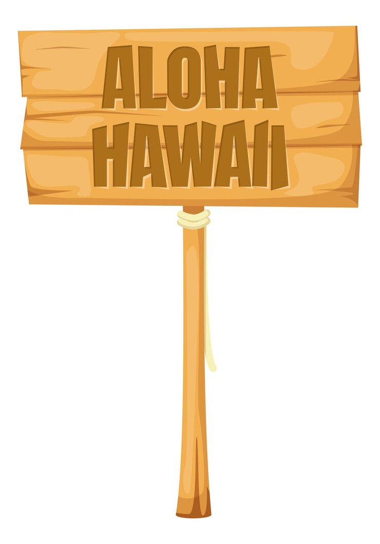 Vector wooden banner stand pointer labeled aloha hawaii sign symbol of culture signboard with greeting for tourists and guests of the island of hawaii vector illustration isolated