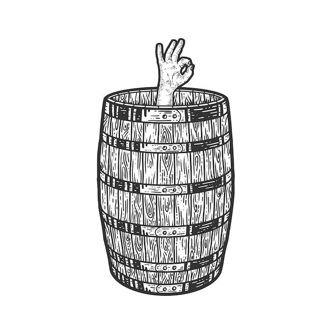 Vector wooden barrel the man inside shows ok black and white hand drawn