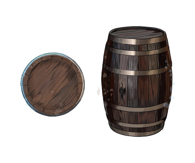 Wooden barrel for wine or other drinks from a splash of watercolor