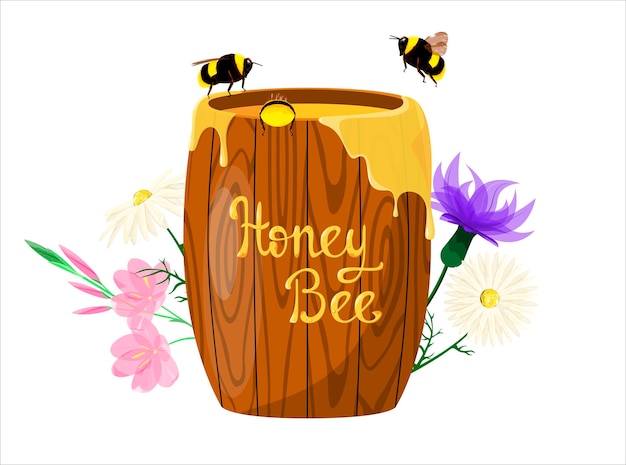 Wooden barrel with honey and bees on a background of flowers