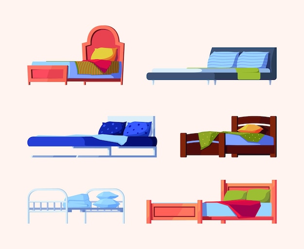 Wooden bed interior furniture bedding colorful mattress for relaxing garish vector flat illustrations