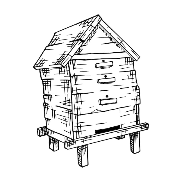 Wooden bee hive hand drawn illustration in hatching style