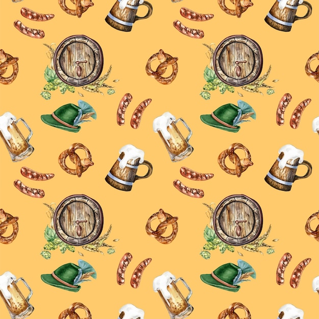 Vector wooden beer barrel and mug german hat watercolor seamless pattern isolated on beige hop wheat