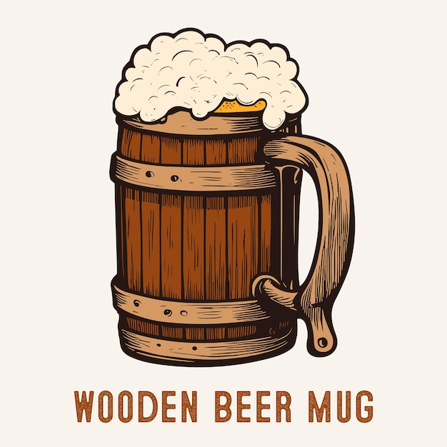 Wooden Beer Mug In Vintage Color Engraved Style