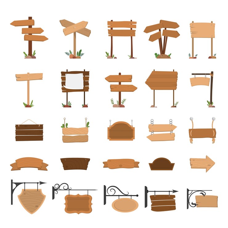 Vector wooden billboard. blank banner set. collection of vintage