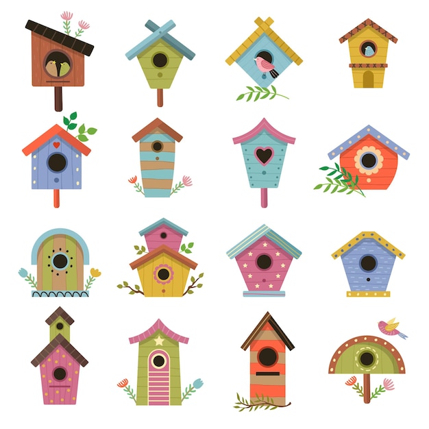 Vettore birdhouse in legno casette da giardino su rami soggiorno in legno per uccelli in volo recenti illustrazioni vettoriali