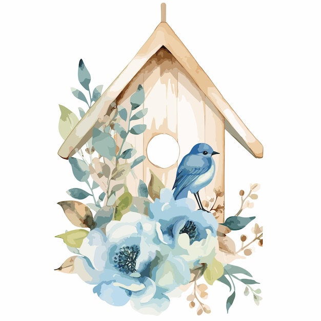 Birdhouse blu di legno su un'illustrazione dell'acquerello della molla del ramo di un albero