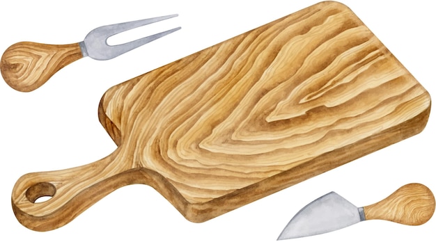 Vettore tavola di legno e forchetta per formaggio e illustrazione dell'acquerello del formaggio