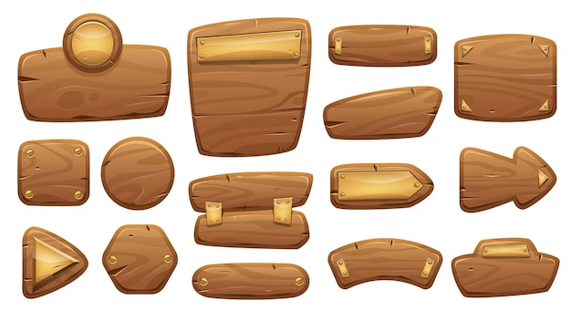Wooden board sign Cartoon game interface element old banner and signboard design isolated hanging wooden frame Vector set