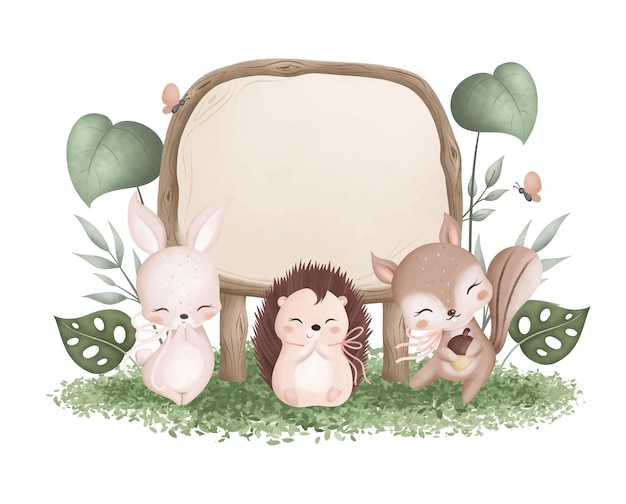 Vector wooden board with cute baby animals