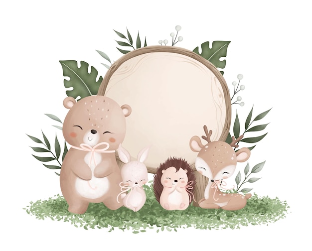 Vector wooden board with cute baby animals