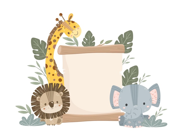 Vector wooden board with cute safari animals with leaves