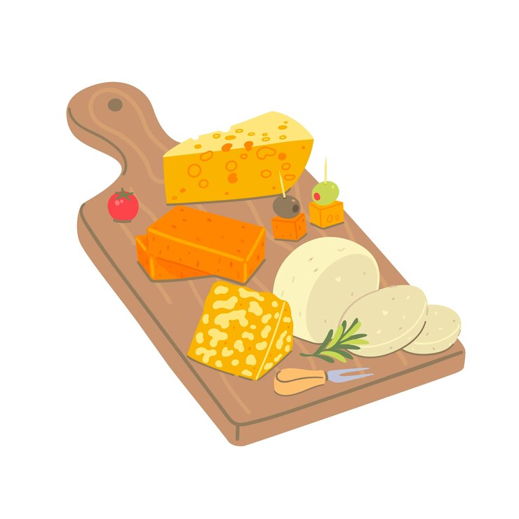 Vector wooden board with different types of cheese vector image
