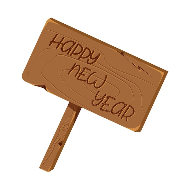 Wooden board with Happy New Year Cartoon Christmas vector illustration isolated on background