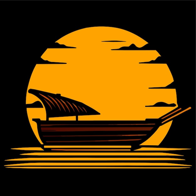 wooden boat on the beach with sunset vector illustration