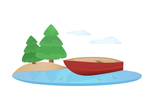 Wooden boat near the coast Vector illustration for the field of outdoor recreation and tourism