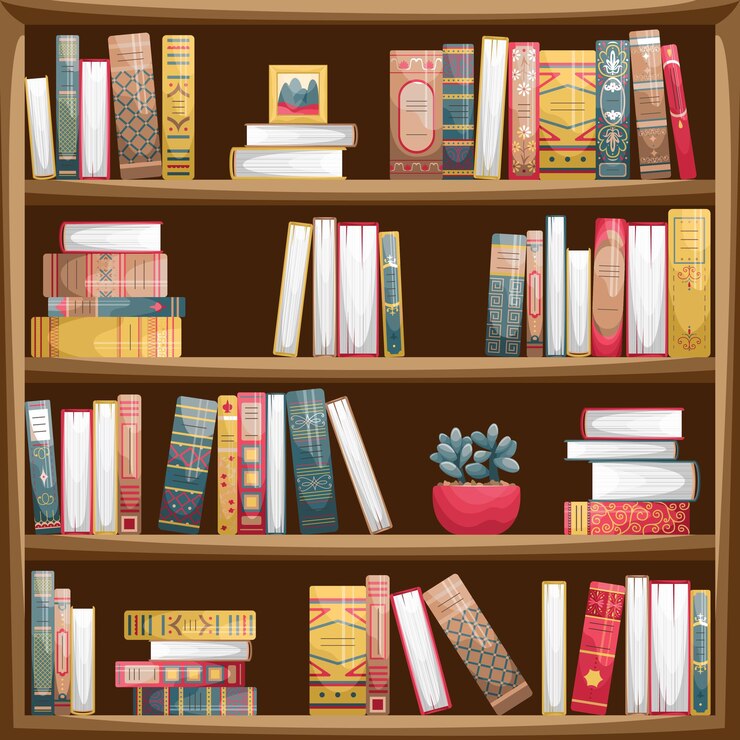 Vector wooden bookcase with books. book spines in retro style.