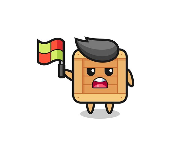 wooden box character as line judge putting the flag up