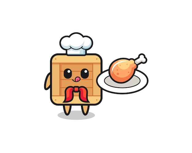 Деревянная коробка жареный цыпленок шеф-повар мультипликационный персонаж, милый дизайн