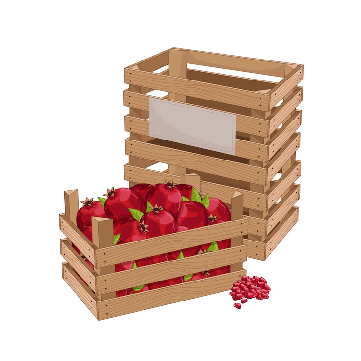 Vector wooden box full of pomegranate