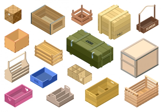 Vector wooden box isometric set icon. isolated isometric set icon crate and container. illustration wooden box on white background .