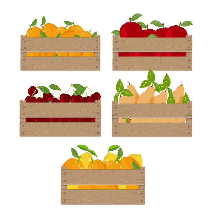Wooden box set with fruits Case with orange lemon apple pear and cherry