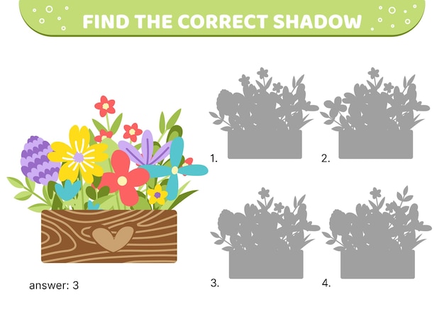 Wooden box with bloom flowers Find the correct shadow Shadow matching game Cartoon vector