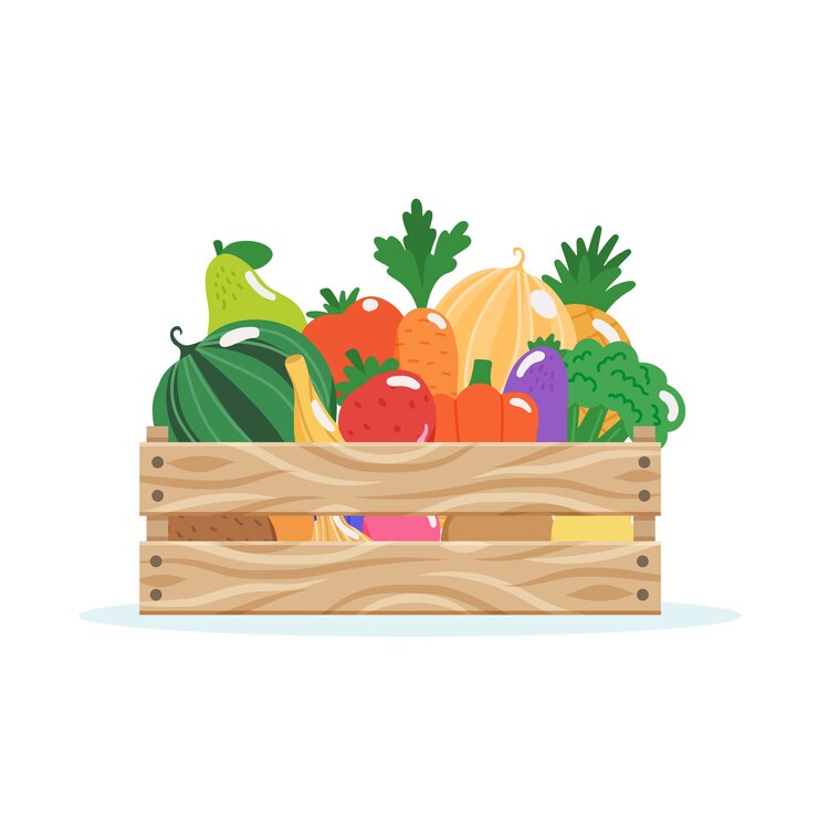 Vector wooden box with fruits and vegetables