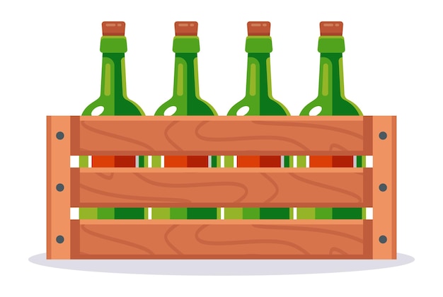 Деревянная коробка со стеклянными винными бутылками и алкоголем в упаковке