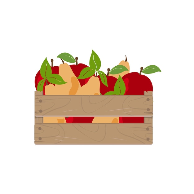 과일이 든 빨간 사과와 배 케이스가 있는 나무 상자
