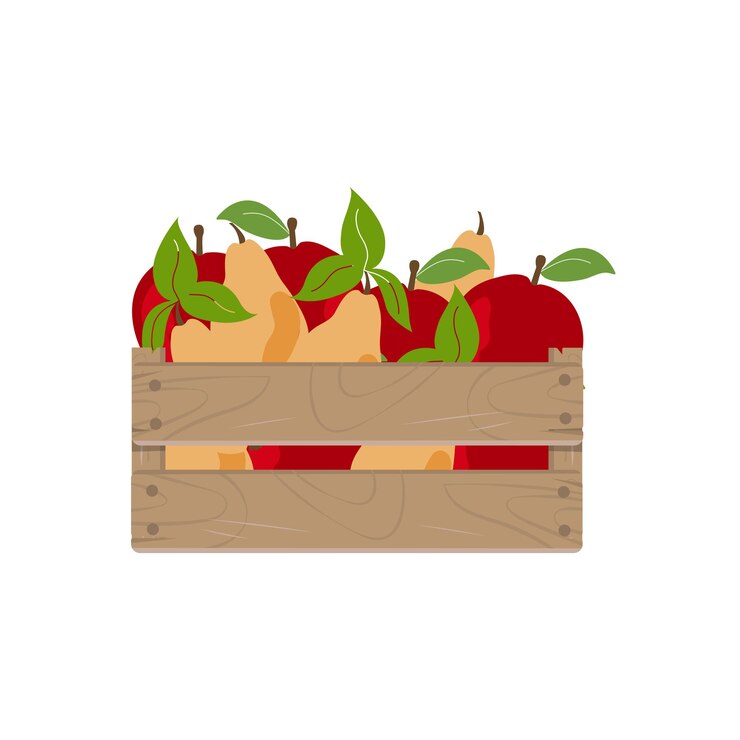 Wooden box with red apple and pear case with fruits