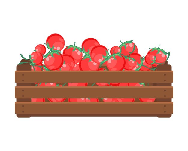 Scatola di legno con pomodori cibo sano verdure agricoltura illustrazione vettore