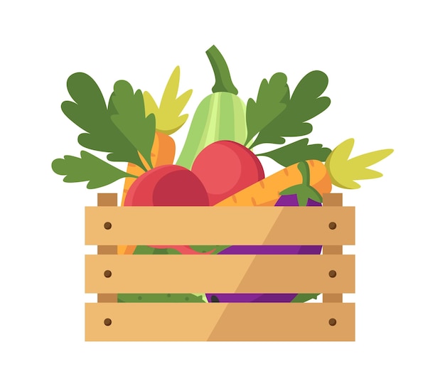 Scatola di legno con verdure icona cibo illustrazione vettoriale