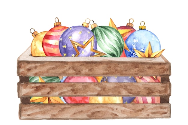 Wooden box with watercolor christmas ornaments