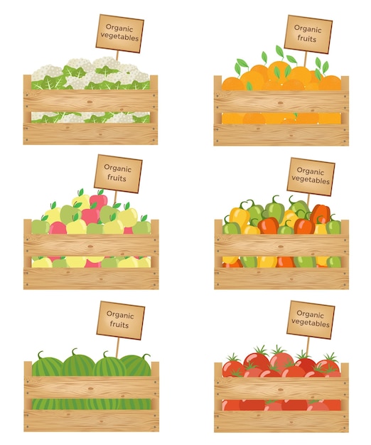 Wooden boxes of vegetables and fruits.