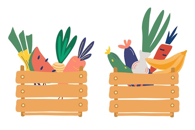 Wooden boxes with fruits and vegetables. fresh, natural foods. farmers market.
