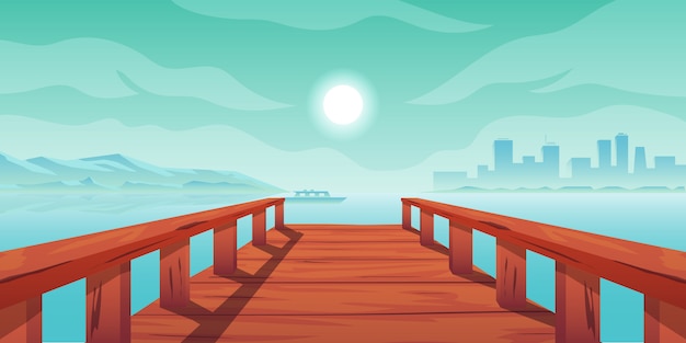 Vector wooden bridge  lake mountain and town city view