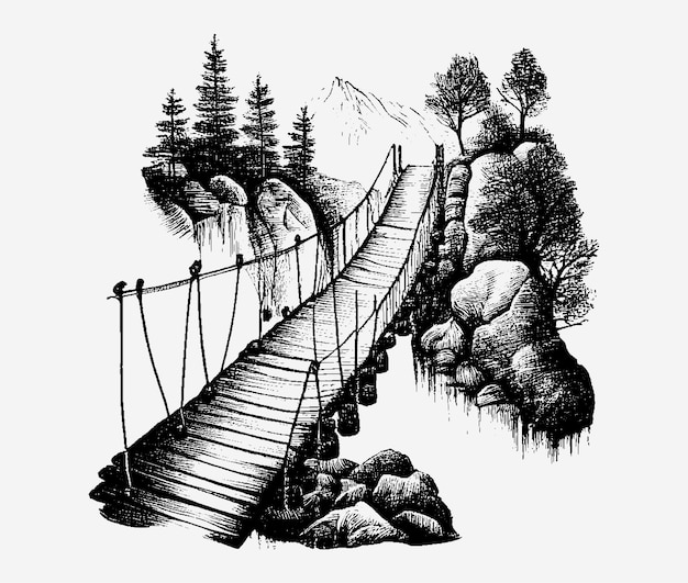 Premium Vector  Wooden bridge in the mountains ropeway suspension