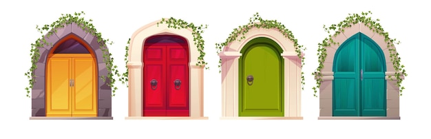 Vector wooden bright doors with handle arch and ivy plant entrance gate in a castle church or house