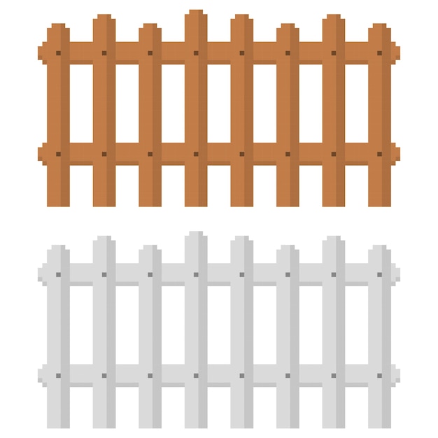 Vector wooden brown and white fence pixel art set 8 bit style vector illustration