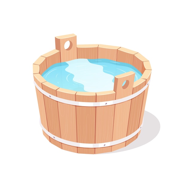 Wooden bucket filled with water.   illustration