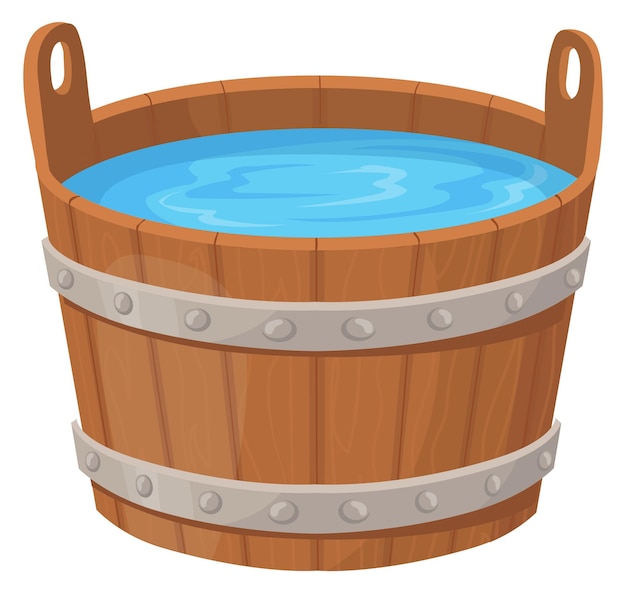 Vector wooden bucket full of clean water cartoon icon isolated on white background