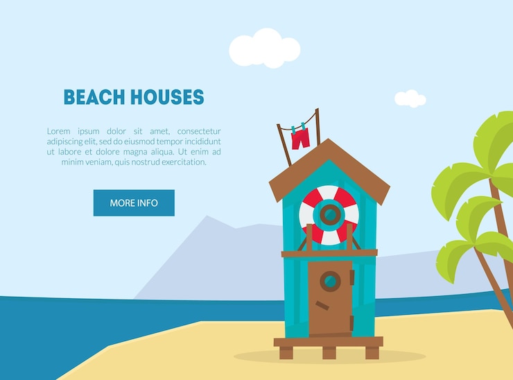 Vector wooden bungalow on tropical coast sea beach beautiful landscape seaside holiday banner landing page template vector illustration web design