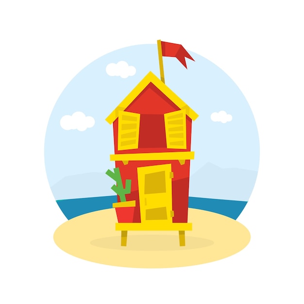 Vettore bungalow in legno con bandiera sulla costa tropicale del mare illustrazione vettoriale delle vacanze al mare su sfondo bianco