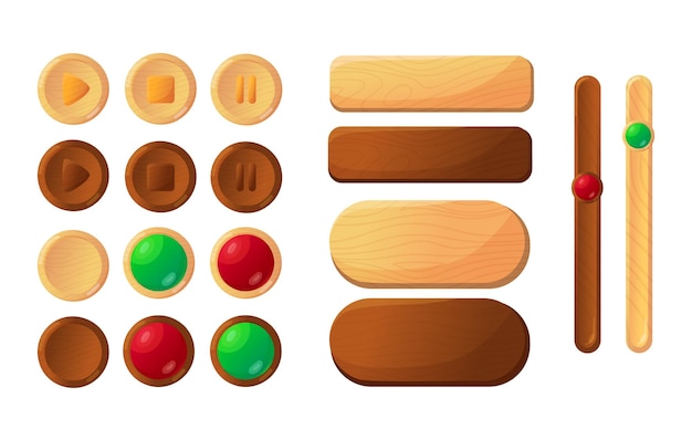 Wooden buttons for users game interface cartoon illustration set. elements of different shapes, bars, panel settings for app design isolated on white background. gui, ui design concept