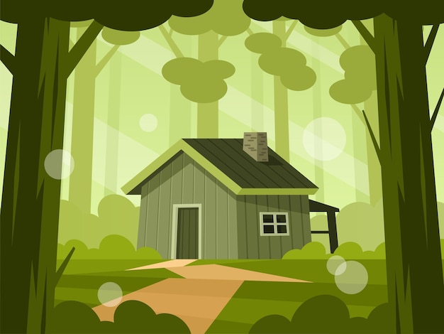 Wooden cabin in a clearing in the forest on a sunny morning Vector graphics