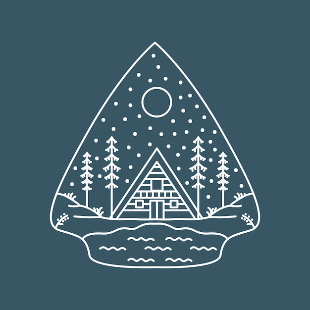 Vector wooden cabin in the middle of the wilderness at night illustration for apparel design