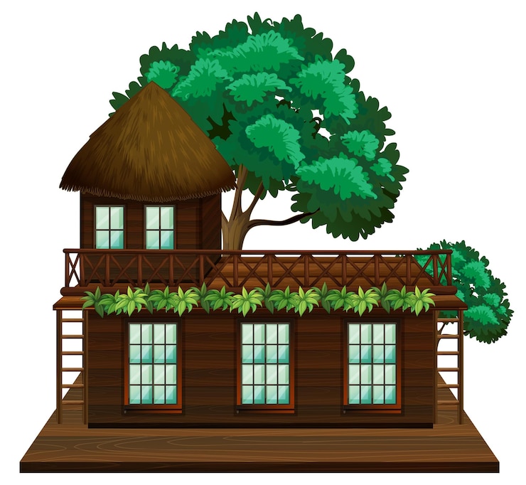 Vector wooden cabin with green tree