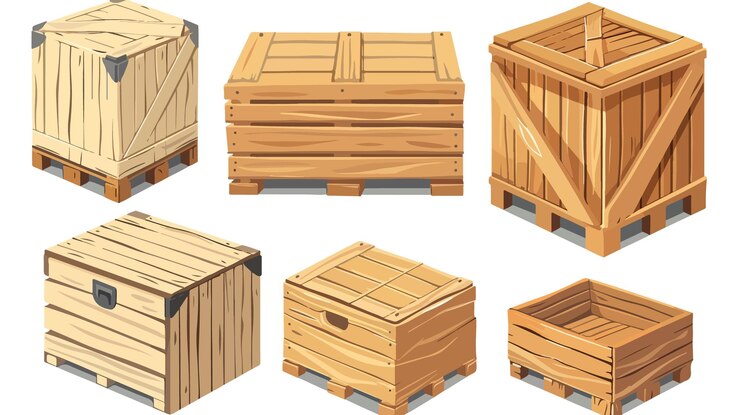 Vector wooden cargo distribution boxes for parcels packing and shipping